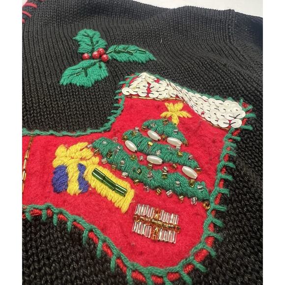 Vintage Victoria Jones Christmas Sweater Med Black Stocking Holly Applique - Picture 6 of 11